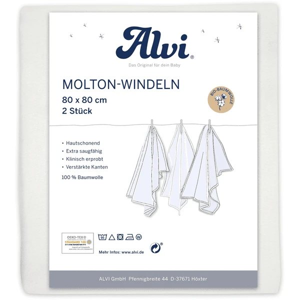 Alvi® Molton-Windeln 2er Pack Weiß 80 X 80 Cm 3 Alvi® Molton-Windeln 2er Pack Weiß 80 X 80 Cm