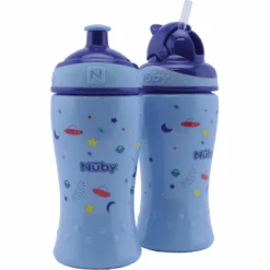 Nuby Nûby Trinkhalmflasche Und Trinkflasche Mit Pop-Up Verschluss 360ml Ab 12 Monate, Blau, 2 Stück