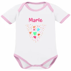 Schnullireich Baby Body (Kurzarm) Mit Namen Weiß + Rosa Kontraststreifen - Rosa Herz Weiß