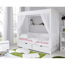 TiCAA Himmelbett Weiß-Rosa Mit 2 Schubladen